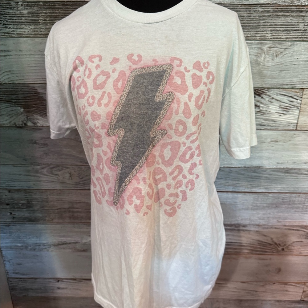 Next Level Apparel Women's Tee - White with Pink Leopard and Gray Lightning Bolt